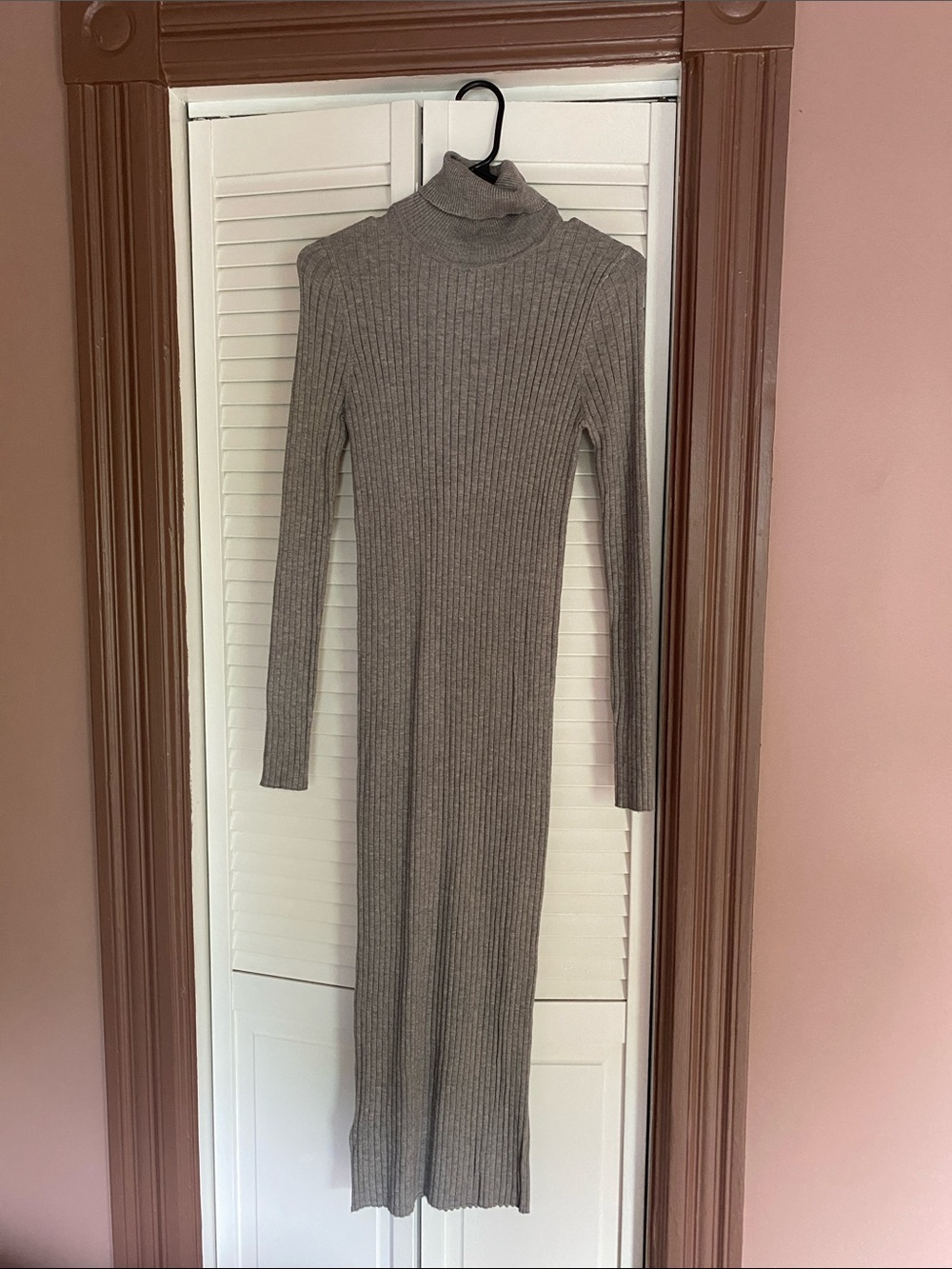 Mango Ribbed Turtleneck Long Sleeve Midi Dress - light grey